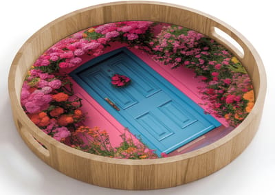Dienblad rond 40x40 cm - Schootdienblad hout - Bloemen - Deur - Roze - Borrelplank rechthoek - Plateau houten dienbladen