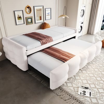 MODFU Luxe Uitschuifbed / Bedbank (90 tot 180x190) - Teddy Bouclé Logeerbed met Blokpatroon - Beige