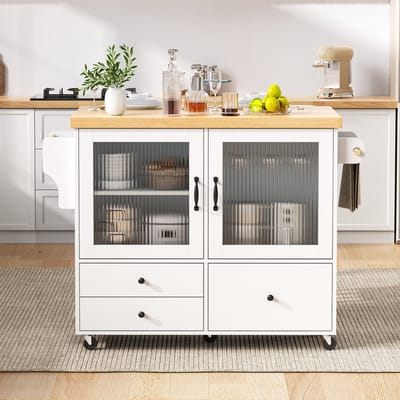 Keukentrolley - Uitschuifbare Eettafel Met Wijnglashouder en Opbergruimte - Mobiele Keukentrolley - Wit
