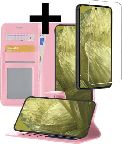 Hoesje - Met Screenprotector - Geschikt voor Google Pixel 8a - Luxe Pasjeshouder - Bookcase Portemonee - Flip Case - Kunstleer Book Case - Flipcase - Book Cover - Walletcase - Portemonneehoes - Telefoonhoesjes - Lichtroze