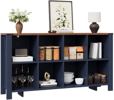 Dressoir Met 8 Open Vakken-Horizontale Organizer Kast-Anti Kantelbeveiliging-Grote Opbergruimte-140 X 34 X 75 Cm-Woonkamer-Blauw