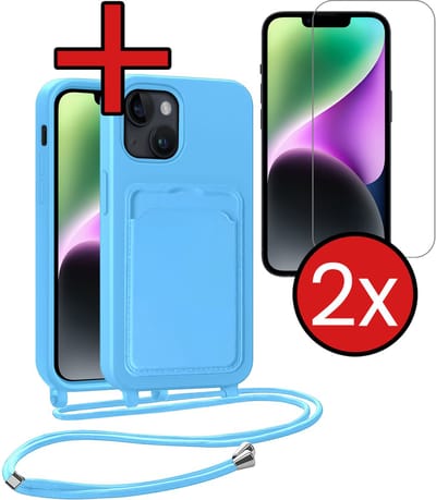 Hoesje Geschikt voor iPhone 13 Hoesje Met Telefoonkoord en Pasjeshouder Met 2x Screenprotector Siliconen - Hoes Geschikt voor iPhone 13 Hoesje Met Kaarthouder Case - Lichtblauw