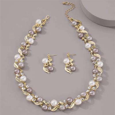Sieraden, Imitatie Parel Strass Ketting Oorbellen Drie Delige Set, Creatieve Imitatie Parel Ketting Oorbellen goud