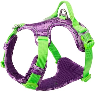 Famanu – Anti-trek hondentuig, verstelbaar en reflecterend nylon hondenharnas voor kleine en grote honden, camouflage paars, maat S