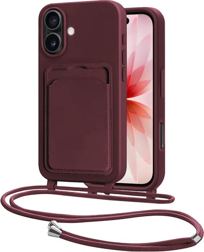 Hoes Geschikt voor iPhone 17 Hoesje Pasjeshouder Cover Met Koord Case Siliconen Hoes Met Telefoonkoord en Kaarthouder - Aubergine