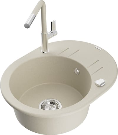 Mexen Kevin granieten spoelbak 1-kamerig met afdruiprek en keukenkraan Flora, beige - 6517-69-670401-09