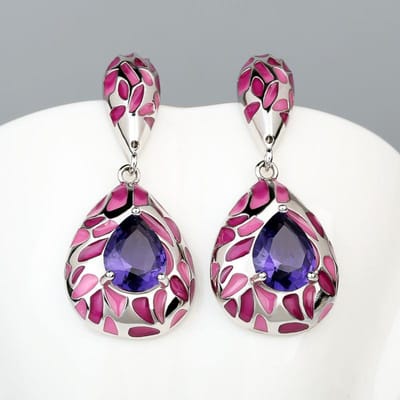 Boucles d'oreilles irrégulières en argent 925, zircon violet, époxy rose, bijoux exquis créatifs pour femmes, émail fait main, bijoux pour femmes