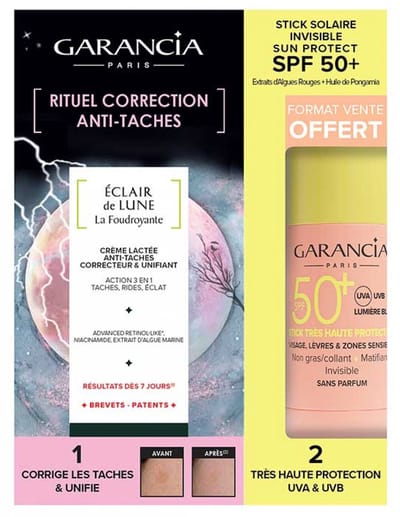 Garancia Eclair de Lune La Foudroyante Anti-Vlekken Crème 30 ml + Zonnestick voor Gezicht, Lippen en Gevoelige Zones SPF50+ 15 g Gratis