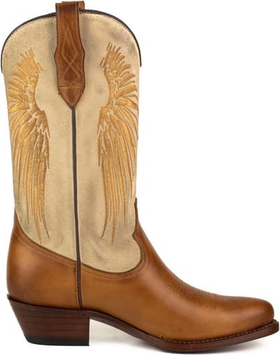 Mayura Boots WINGS 2666 Cognac Bruin Offwhite Creme Dames Western Laarzen Vleugels Sierstiksel Spitse Neus Schuine Hak Mat En Suede Leer Maat EU 37