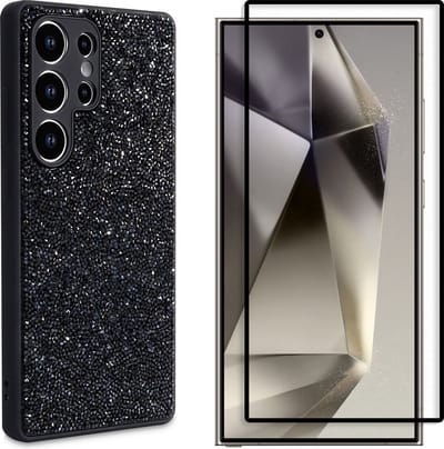 Casemania Hoesje & Volledig Dekkend Glas Geschikt voor Samsung Galaxy S25 Ultra - Zwart - Diamant Glitter Back Cover & Glazen Screenprotector