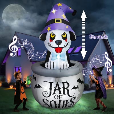 Opblaasbare Halloween Decoratie Hond met Heksenketel 210 cm - Muziek en LED Verlichting