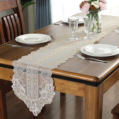 Tafelloper - Kant Runner - Decoratief Gebruik - Geborduurd Patroon - 30x120 cm - Champagne