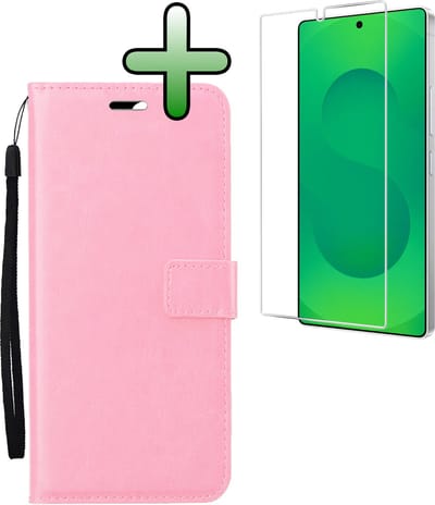 Hoesje Met Screenprotector - Geschikt voor Samsung Galaxy S25 Ultra - Luxe Pasjeshouder - Bookcase Portemonee - Flip Case - Kunstleer Book Case - Flipcase - Book Cover - Walletcase - Portemonneehoes - Lichtroze