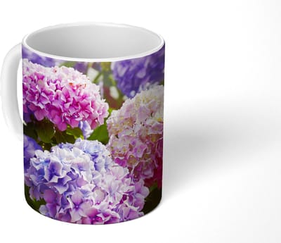 Mok - Koffiemok - Bloemen - Hortensia - Roze - Bladeren - Zon - Mokken - 350 ML - Beker - Koffiemokken - Theemok