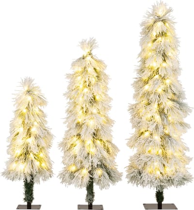 COSTWAY Kunstkerstboom, set van 3, dennenboom met verlichting en sneeuw, 90/120/150 cm, kerstboom met warmwitte ledverlichting, kunstboom, Kerstmis voor thuis, wit