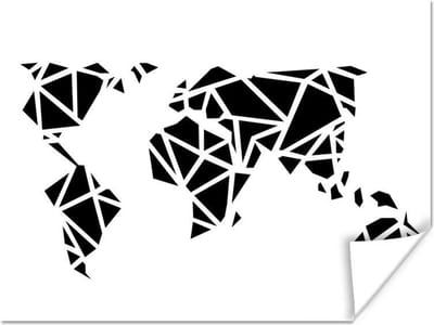Poster 160x120 cm - Wereldkaart - Geometrische vormen - Zwart - Wit - Posters - Kamer decoratie - Wanddecoratie woonkamer - Muurdecoratie slaapkamer XXL
