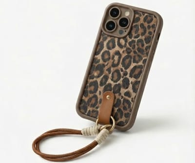 Bruin luipaard print telefoon hoesje met koord geschikt voor iPhone 14 Plus – backcover dames met panter dessin, afneembaar draagkoord en minimalistisch ontwerp