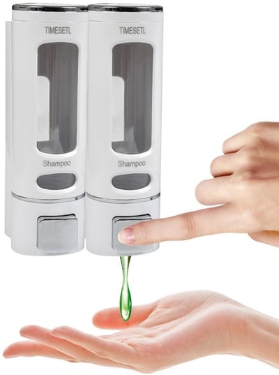 Dailygoods- Zeepdispenser Wandmontage 400 ml - Dubbele Zeepdispenser - Douche/Keuken - Wit - Zonder Boren - Vloeistofbestendig - Zeepdispenserwand