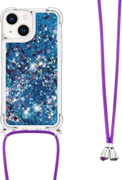 Coverup Hoesje - Geschikt voor iPhone 15 Hoesje - Coverup Liquid Glitter Back Cover met Koord - Blauw