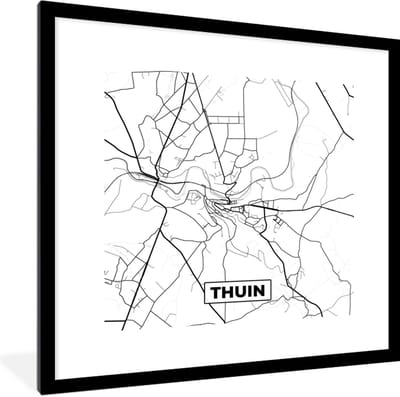 Fotolijst incl. Poster Zwart Wit- Stadskaart – Plattegrond – België – Zwart Wit – Thuin – Kaart - 40x40 cm - Posterlijst