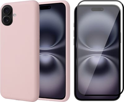 Hoesje geschikt voor iPhone 16 - Screenprotector Volledig Dekkend Glas - Matte Case Roze met Fluweelzachte Binnenzijde