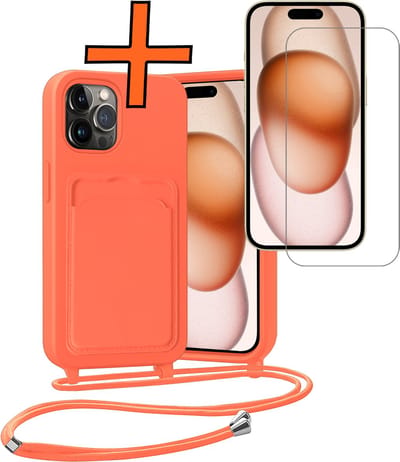 Hoesje Geschikt voor iPhone 14 Pro Max Hoesje Met Telefoonketting Pasjeshouder Case Met Screenprotector Koord - Hoesje Geschikt voor iPhone 14 Pro Max Hoes Met Kaarthouder - Papaya