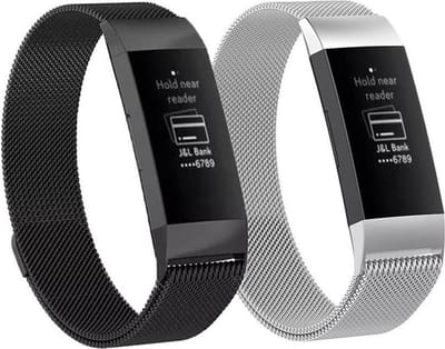 KELERINO. Milanese bandjes geschikt voor Fitbit Charge 3 / Charge 4 - Zwart & Zilver - Large
