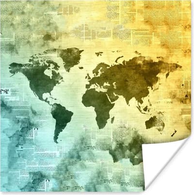 Poster 30x30 cm - Wereldkaart - Waterverf - Kleuren - Posters - Kamer decoratie - Wanddecoratie woonkamer - Muurdecoratie slaapkamer