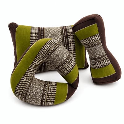 Meditatieset 3-delig groen bruin – hard & stevig kapok – Thaise yogakussens set – bone, nek- en rugkussen – voor yoga, meditatie en ontspanning