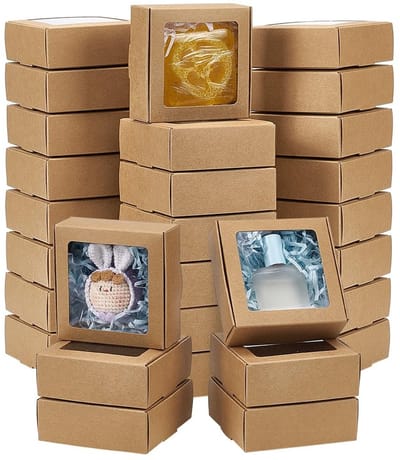 Dailygoods- Kraftpapier Dozen 48 Stuks - Bruine Vierkante Dozen - Met PVC Venster - Voor Bruiloft/Feest - Bakkerij/Sieraden - Afmetingen 9,5x9,5x3,5 cm - Snoepdozen