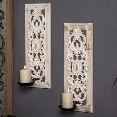2x Houten Wandkaarsenhouders - Vintage Landelijk & Landhuis Stijl Muurdecoratie