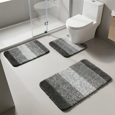 Luxe Badmat Set 3-Delig – Microvezel Badkamermatten – Antislip TPR – Super Zacht – Waterabsorberend – Machinewasbaar – Badkamer & Toiletmat – Lichtgrijs/Grijs