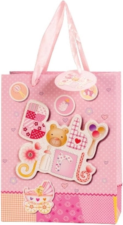 Cadeautas "Baby with Glitter + Aplication" 18x23x10cm - Roze