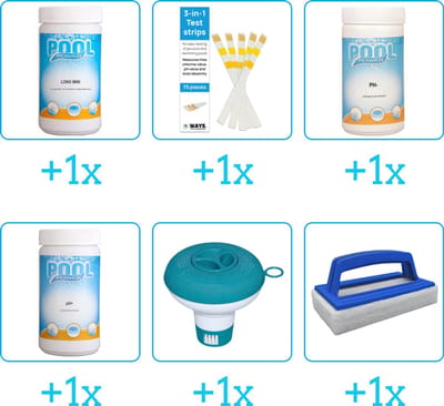 Zwembad Onderhoudspakket - Onderhoud Zwembad - bevat Chloor - Testrips - PH-min - PH-plus - Chloordrijver en Scrubborstel (6-delig)