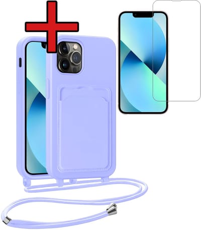 Hoesje Geschikt voor iPhone 13 Pro Hoesje Met Telefoonkoord en Pasjeshouder Met Screenprotector Siliconen - Hoes Geschikt voor iPhone 13 Pro Hoesje Met Kaarthouder Case - Lila