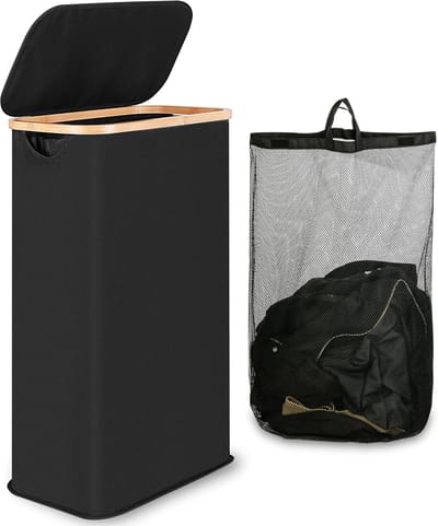 iEGrow Wasmand, 60 liter wasmand met deksel en handvat, slanke opvouwbare wasmand met afneembare en wasbare binnenzak, smalle wasmanden voor slaapkamer, badkamer, wasruimte (zwart)