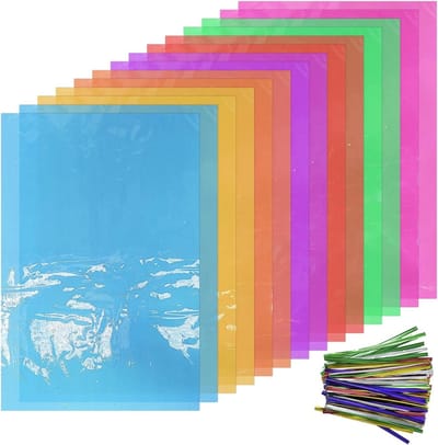 Dailygoods - 14 stuks gekleurd cellofaan en 100 stuks decoratieve banden, handgemaakte gekleurde cellofaan voor verpakking, geschikt voor taarten, snoepverpakking en knutseldecoratie