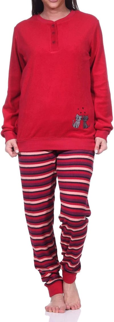 Damespyjama van badstof, pyjama met lange mouwen en schattig kattenmotief