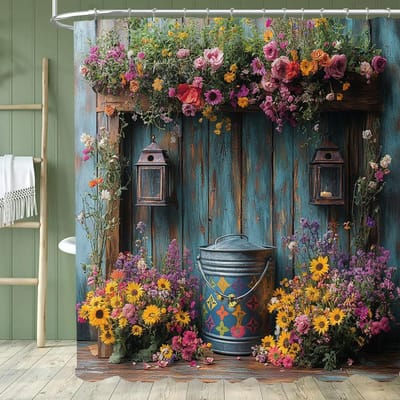 Serene Tuin Douchegordijn - Met Haken, Levendige Natuurlijke Rustieke Tuin en Bloemen Badkamergordijnen Huisdecoratie Gordijn 180x200cm-70x78in