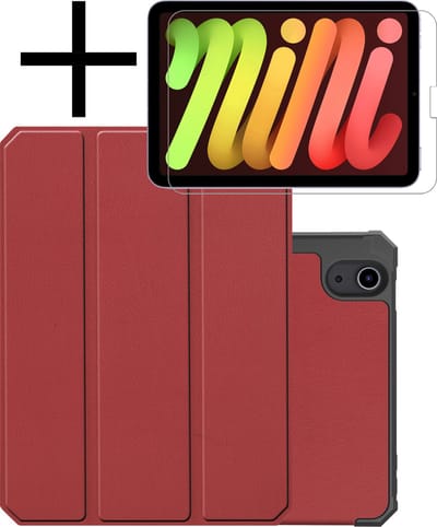 Hoes - Geschikt voor Apple iPad Mini 6 (2021) - 8.3 inch - 6e Generatie - Met Screenprotector - Trifold Bookcase - Hard Cover Case - Met Uitsparing Geschikt voor Apple Pencil - Hardcover Book - Tablet Hoesje - Donkerrood