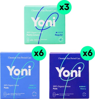Yoni Voordeelverpakking - 72x Inlegkruisjes Regular - 60x Maandverband Medium & Heavy - Biologisch Katoen