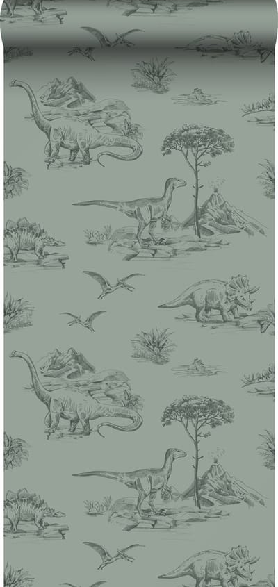 ESTAhome behang dinosaurussen vergrijsd groen - 53 cm x 10.05 m - 139358