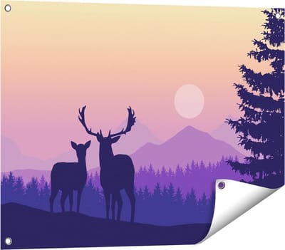 Gards Tuinposter Twee Herten - Zonsondergang - Silhouet - 80x60 cm - Tuindoek - Tuindecoratie - Wanddecoratie buiten - Tuinschilderij
