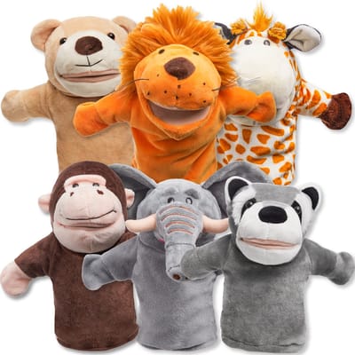 22,9 cm handpoppen met dierentuinthema en beweegbare mond, 6-pack