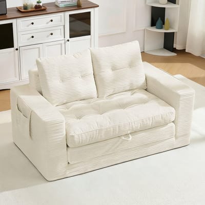 Slaapbank 2 persoons - 2-zitsbank - uitklapbare bank - ligbank - multifunctionele bank - bank met opbergruimte - bank met zijvakken - brede armleuningen - zachte bekleding - veerkrachtige vulling - Beige