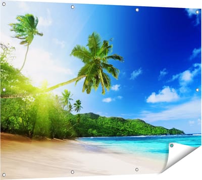 Gards Tuinposter Strand tijdens Zonsondergang in Seychellen - 120x90 cm - Tuindoek - Tuindecoratie - Wanddecoratie buiten - Tuinschilderij