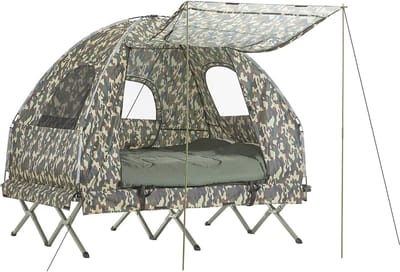 Verhoogde 4-in-1 Campingtent met Opvouwbaar Bed, Slaapzak en Matras voor 2 Personen - Camouflage