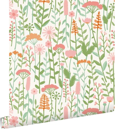 ESTAhome behang veldbloemen groen en roze - 50 x 900 cm - 131546