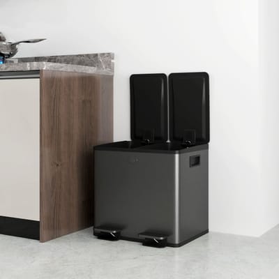 MODFU Dubbele Pedaalemmer - 2 x 15 L - Afvalbak Met Soft-Close Deksel - Afvalscheiding - Met Geurfilter Houders - Keuken Prullenbak - RVS Zwart - Modern