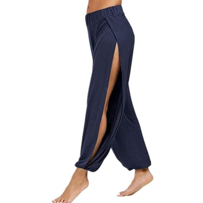 Nouveau Pantalons de mode pour femmes pantalons de Yoga sarouel pour femmes fente latérale survêtement Hippie plage pantalons de survêtement L bleu